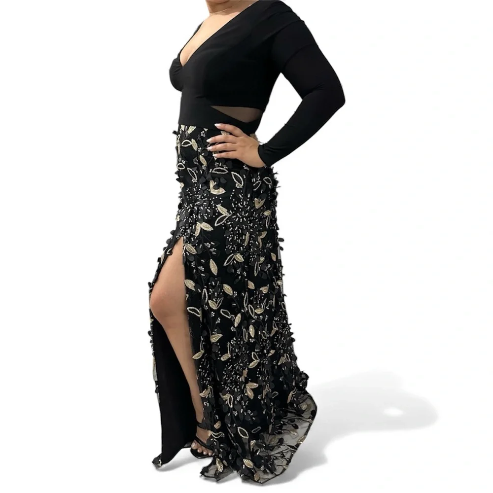 Xscape Black and gold 3D Floral Long Sleeve Gown - Picture 3 of 4